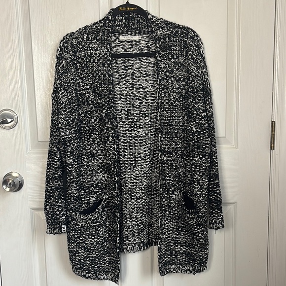 FRNCH Black and White Marble Knit Sweater Cardigan size S/M open front pockets - Picture 1 of 14